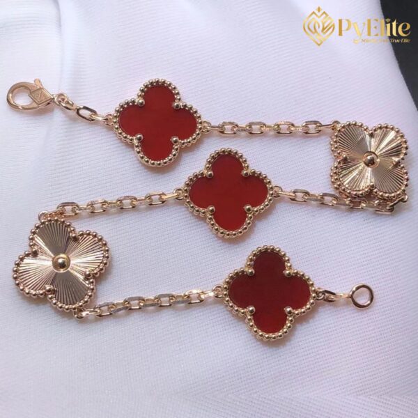 Custom Made 1:1 Van Cleef & Arpels Carnelian and Guilloche 18K Rose Gold 5 Motifs Vintage Alhambra Bracelet