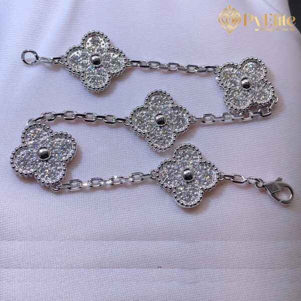 Custom Made 1:1 Van Cleef & Arpels Vintage Alhambra Pave Diamond 18K White Gold 5 Motif Bracelet