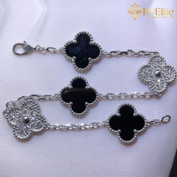 Van Cleef & Arpels Vintage Alhambra 18K White Gold 5 Motifs Diamond & Onyx Bracelet 1:1 Custom Made