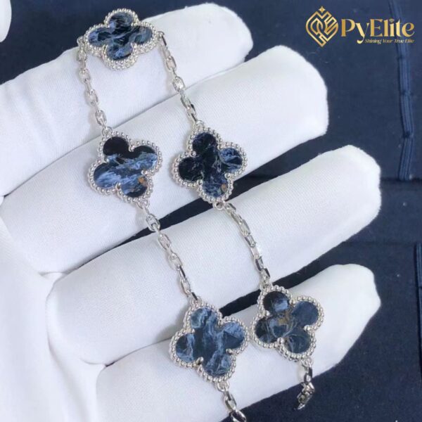 Van Cleef & Arpels Vintage Alhambra Blue Pietersite 5 Motif 18K White Gold 2023 Holiday Bracelet 1:1 Custom Made