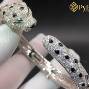 Cartier Panthere Full Pave Diamond Emeralds Onyx 18k White Gold Bracelet N6722417