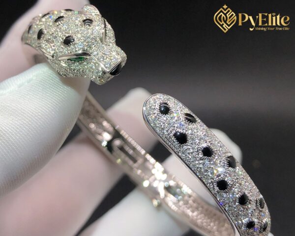 Cartier Panthere Full Pave Diamond Emeralds Onyx 18k White Gold Bracelet N6722417