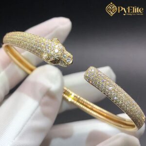 Cartier Panthère de Cartier Cuff Bracelet Custom Made Pure 18K Yellow Gold Half Pave Diamonds Small Model