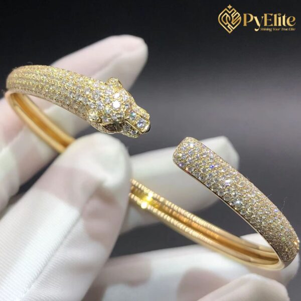 Cartier Panthère de Cartier Cuff Bracelet Custom Made Pure 18K Yellow Gold Half Pave Diamonds Small Model
